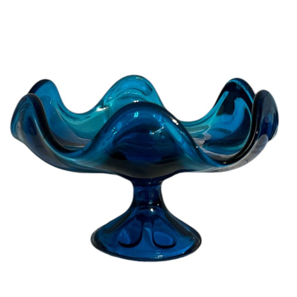 Epic Six Petal Bluenique Viking Swung Glass Blue Compote Mid Century Vintage